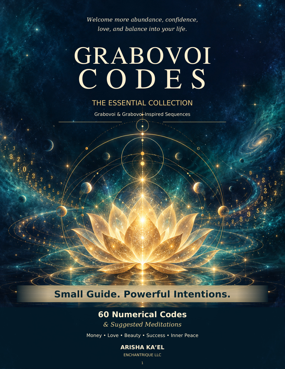 Grabovoi Codes Essential Collection cover with a luminous golden lotus and celestial teal artwork